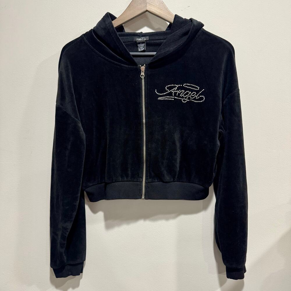 Rue21 Black Velour Rhinestone Angel Cropped Zip Up Hoodie Jacket Medium Y2K